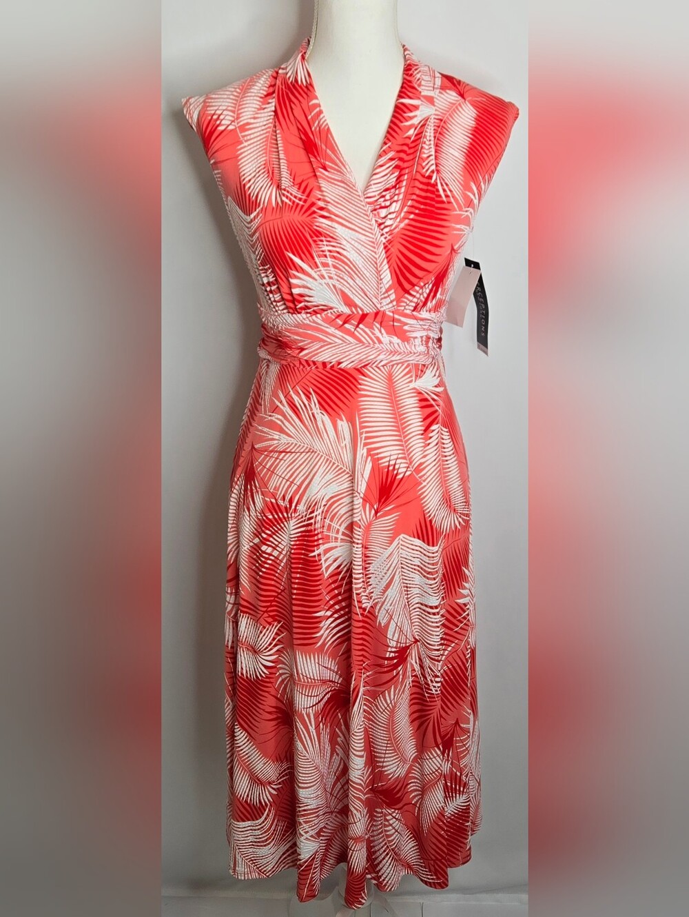 Perceptions Tropical Palm Print Resort Midi Dress Coral NWT PS